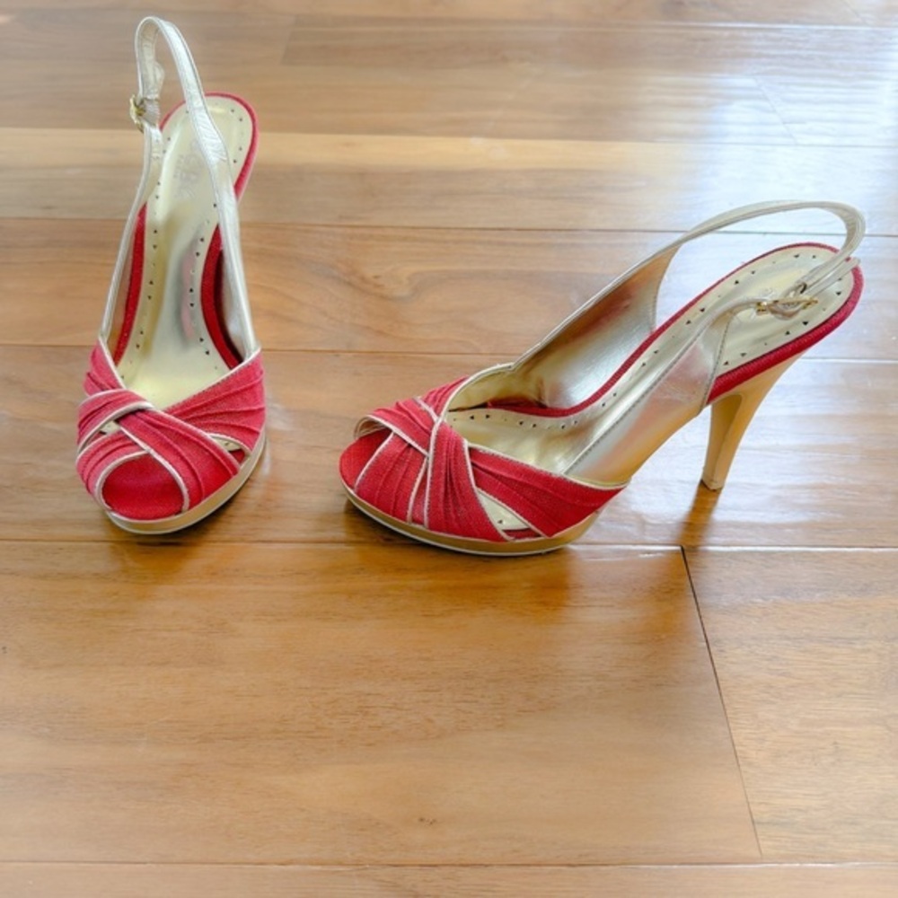 BCBG Women’s Red & Gold Sandals, 4.5 Inch Heels, Size 9.5, Great Condition!!